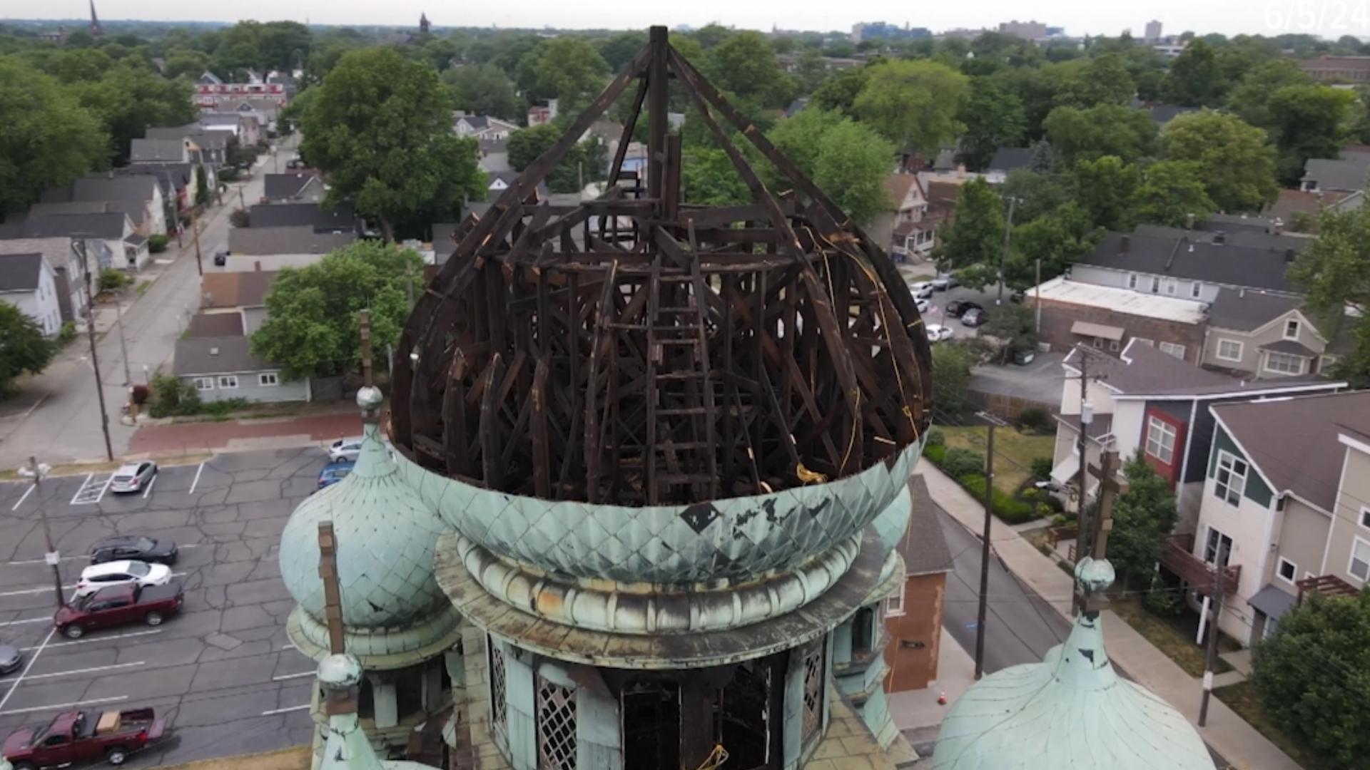 Crews are continuing to dismantle the dome at St. Theodosius Orthodox Cathedral in Cleveland's Tremont neighborhood following last week's fire.