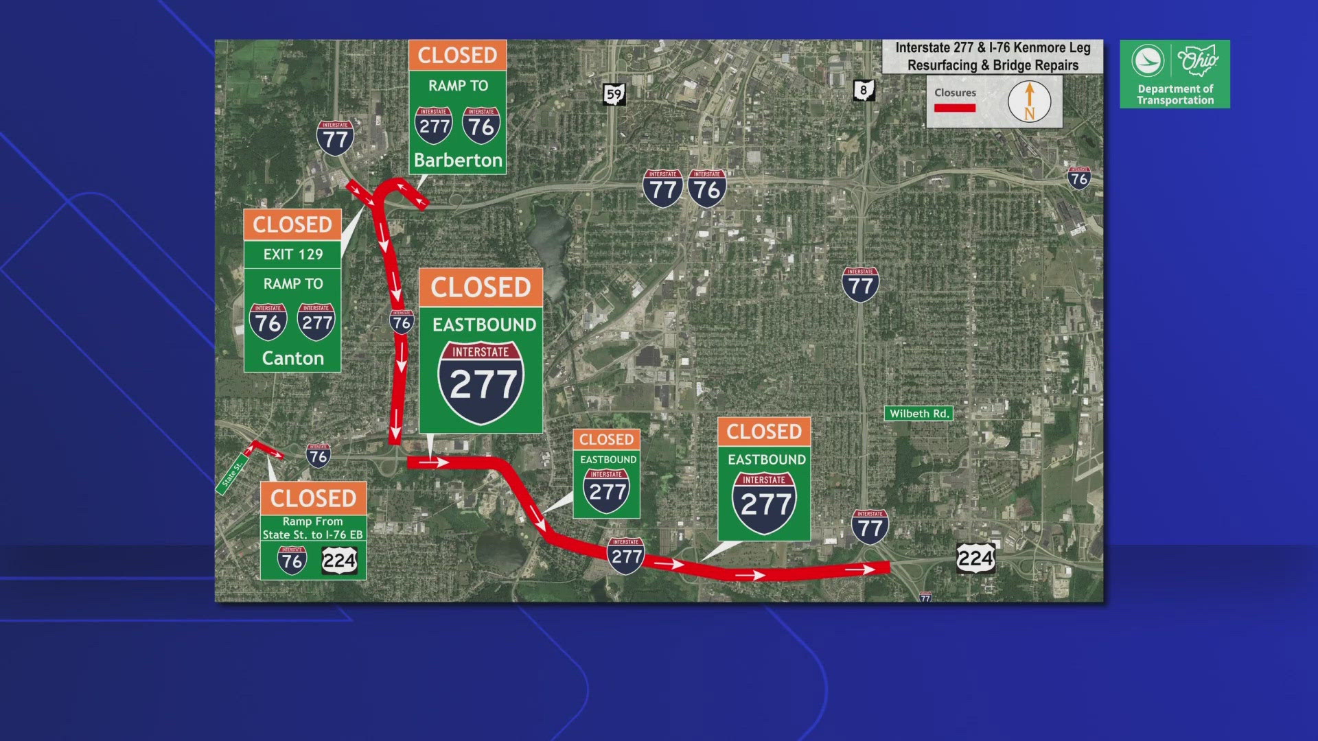 The Ohio Department of Transportation says these closures are being made for resurfacing and bridge repairs.