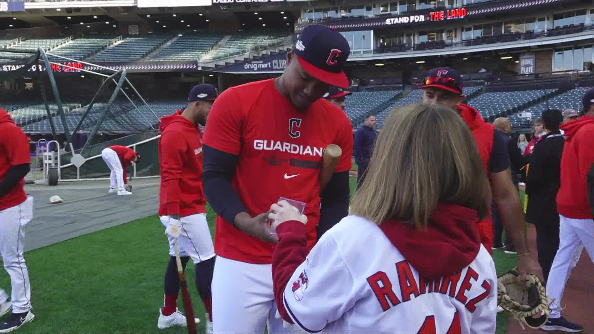 16-year-old Megan Forshey finally got to meet Oscar Gonzalez after batting practice before game 3. She walked away with yet another memorable experience.
