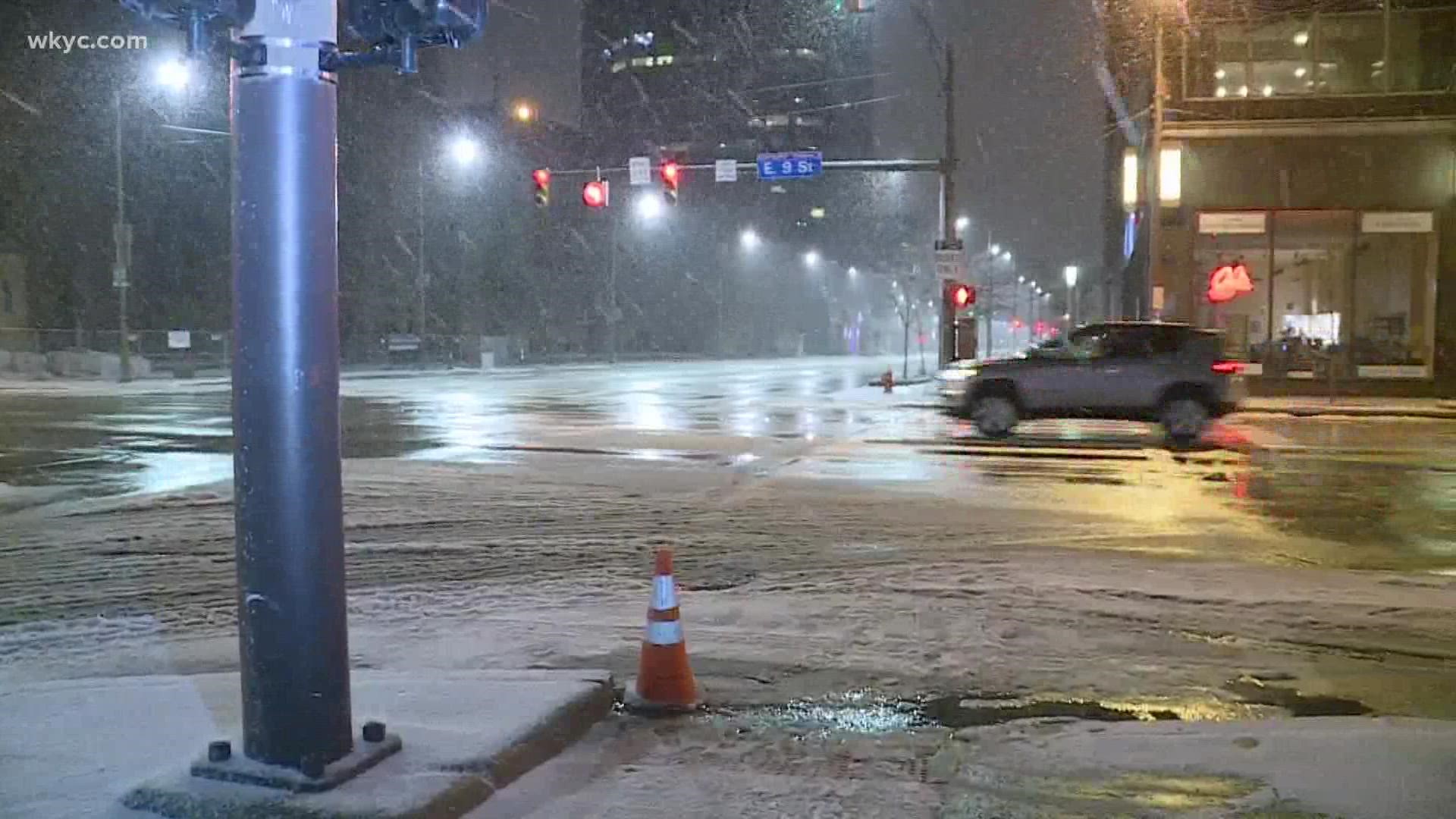 We have some slick spots throughout Northeast Ohio. Here's a look at downtown Cleveland amid ice and snow concerns.