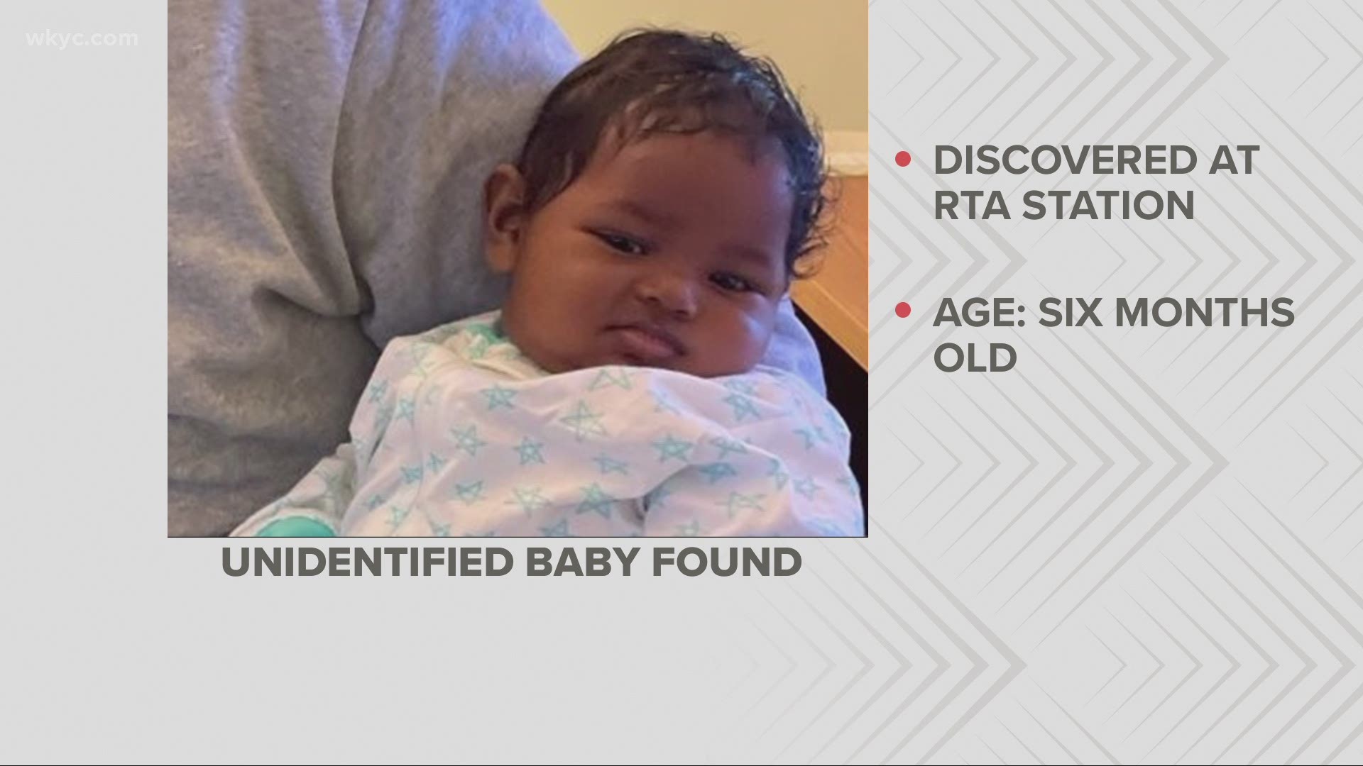 Cuyahoga County officials say RTA police found the baby on Saturday with an adult. They are unable to verify the adult’s relationship with the child.