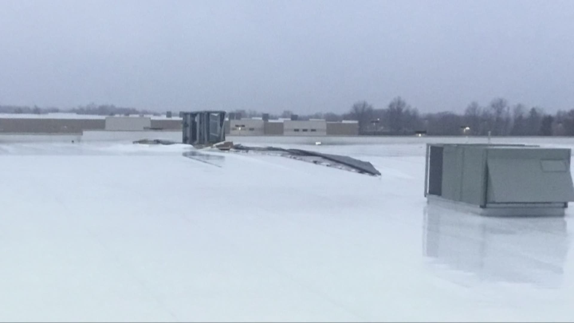 April 15, 2018: As Sunday's strong storms ripped through Northeast Ohio, damage was also reported at the Amazon fulfillment center in Twinsburg. Winds tore off a 50 x 100 foot hole in the building's roof.