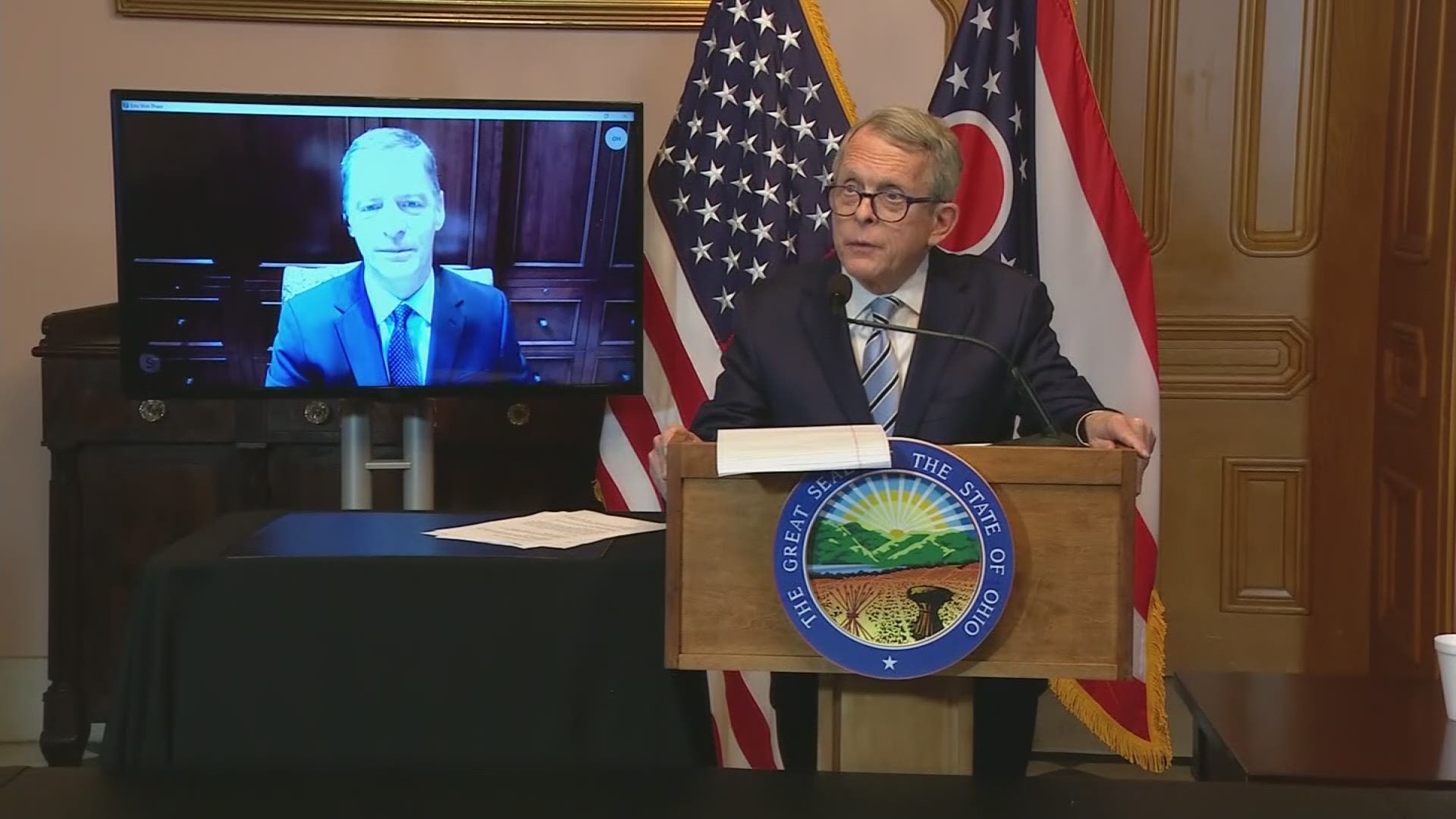 President Trump calls for quick FDA approval of Battelle technology to sterilize masks.  "Lives are literally at stake," says DeWine.