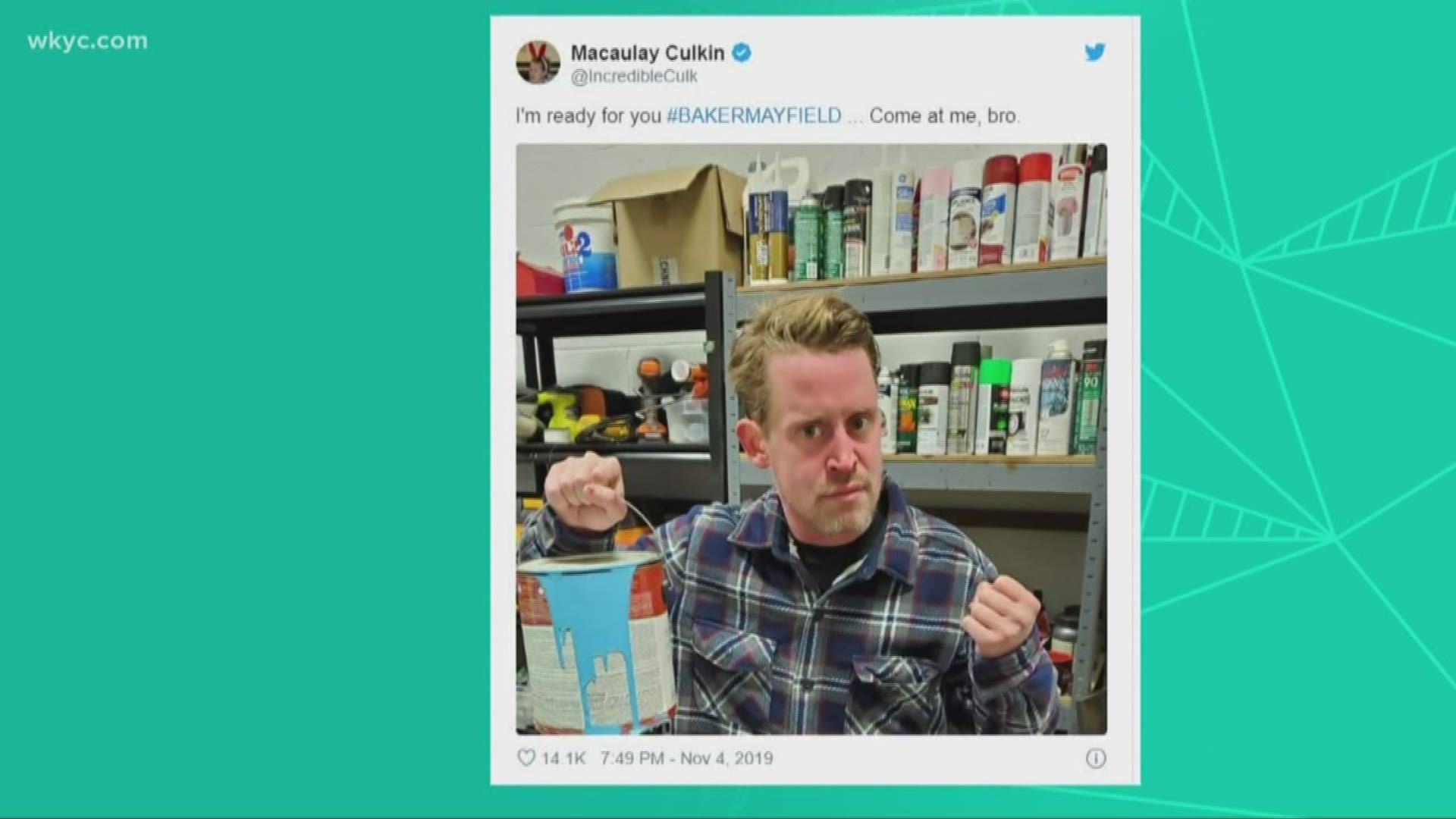When somebody compared Baker Mayfield’s look to the 'Wet Bandits' from 'Home Alone,' Culkin took to Twitter with a photo of himself holding a paint can.