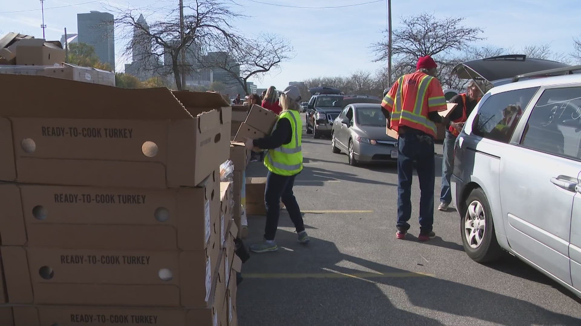The Greater Cleveland Food Bank’s food distribution provided ingredients for Thanksgiving meals on Thursday at the Muni lot.