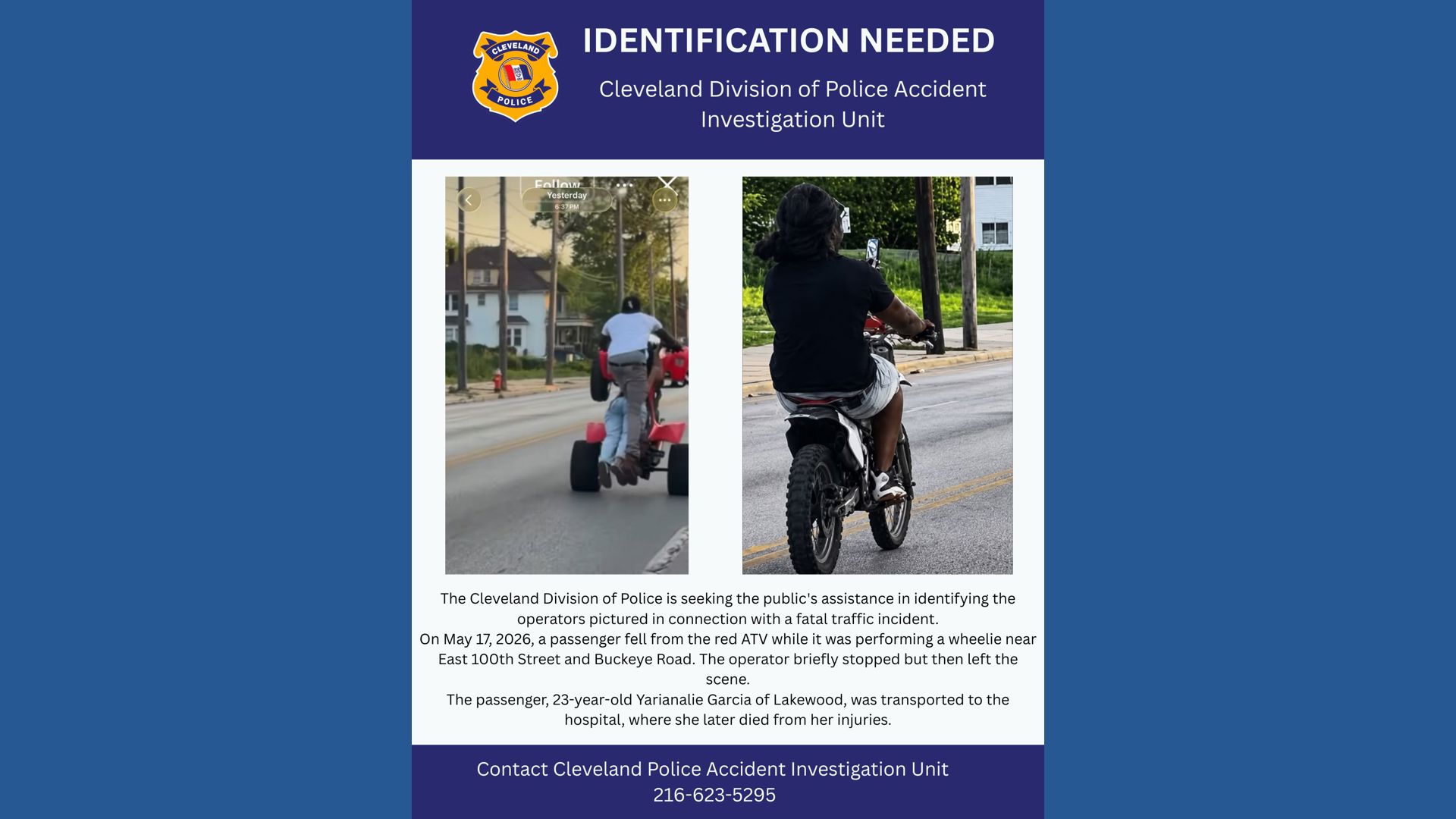 Cleveland police seek help identifying ATV operator in fatal May crash ...