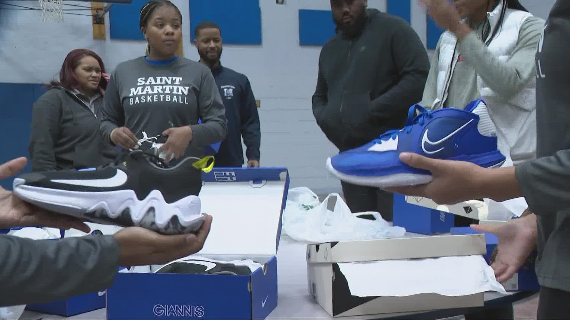 Cleveland native and WNBA star Naz Hillmon visited Northeast Ohio on Thursday to give brand new shoes to the St. Martin de Porres High School girl's basketball team.