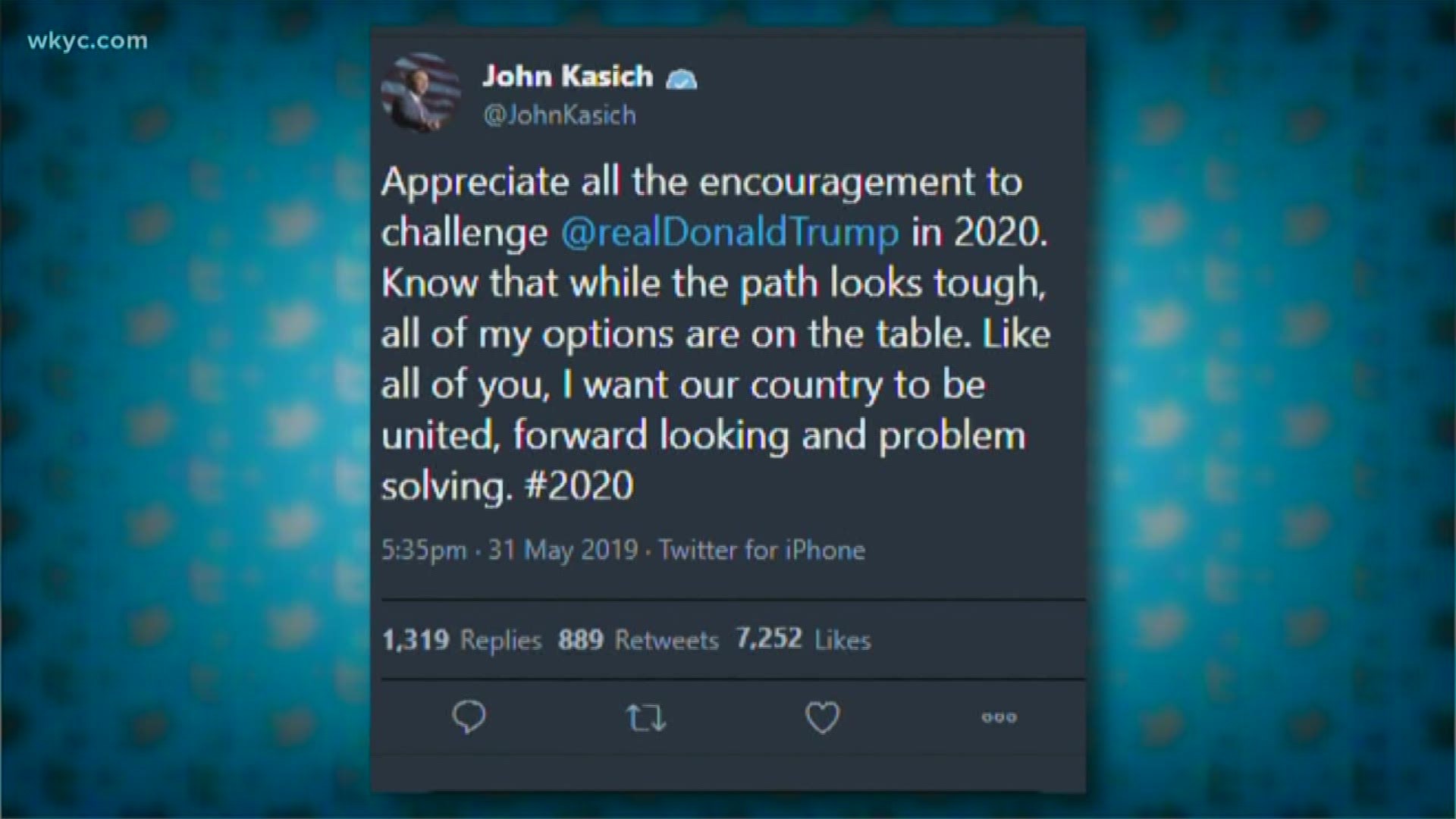 On Friday, Kasich put out a cryptic tweet. He wrote, "Appreciate all the encouragement to challenge President Trump in 2020. Know that while the paths looks tough, all of my options are on the table."
