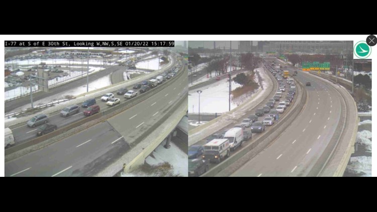 Drivers on I-77 South in downtown Cleveland experiencing slow-moving traffic