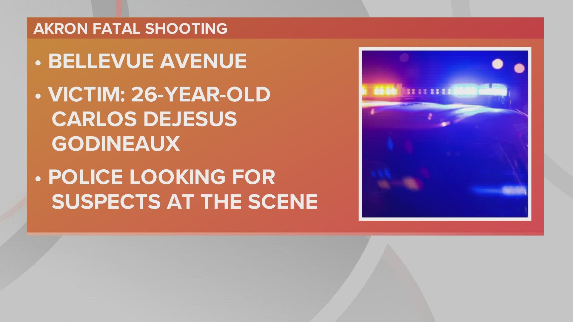 The shooting happened in the 900 block of Bellevue Avenue on Monday afternoon. The victim has been identified as Carlos DeJesus Godineaux of Akron.