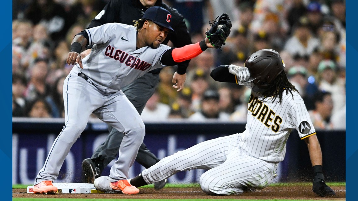 CLEVELAND, OH - APRIL 12: Cleveland Guardians center fielder Myles Straw  (7) leaves the field following the third inning of the the Major League  Baseball game between the New York Yankees and