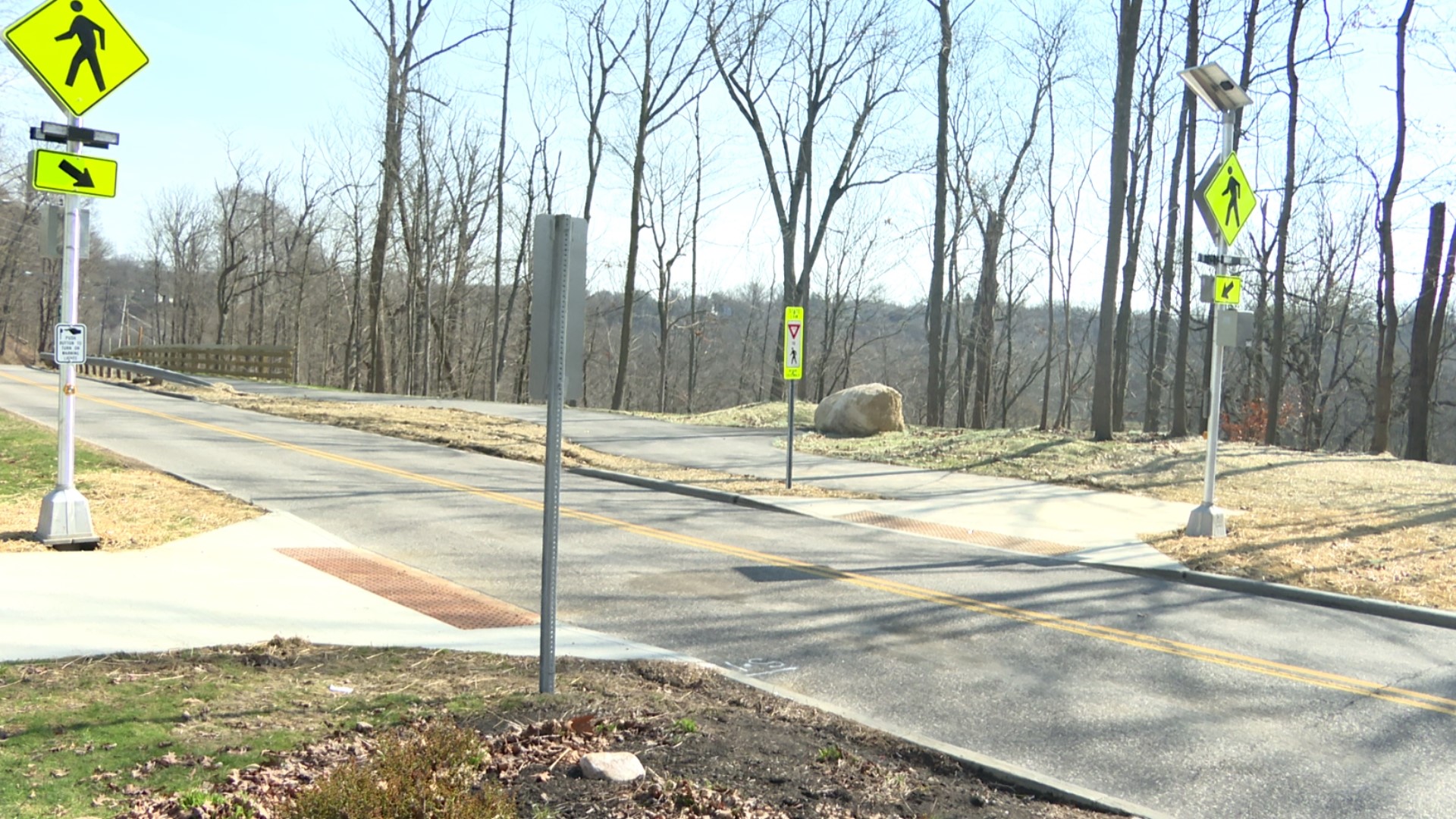 Drivers at the Mastick Road Connector Trail at Eaton Road must yield to pedestrians in the crosswalk.