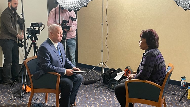 Dr. Bernice King, daughter of civil rights leader Dr. Martin Luther King Jr., speaks with 3News' Russ Mitchell at Kent State University