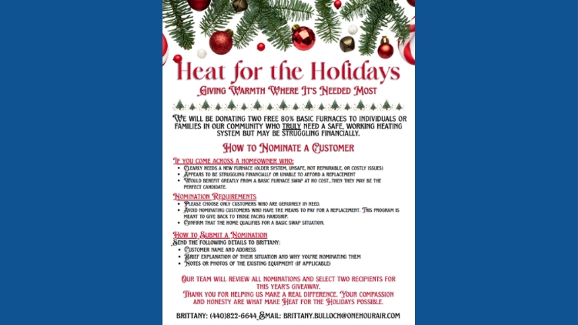 'Heat for the Holidays': Northeast Ohio company to donate 2 free furnaces to families in need