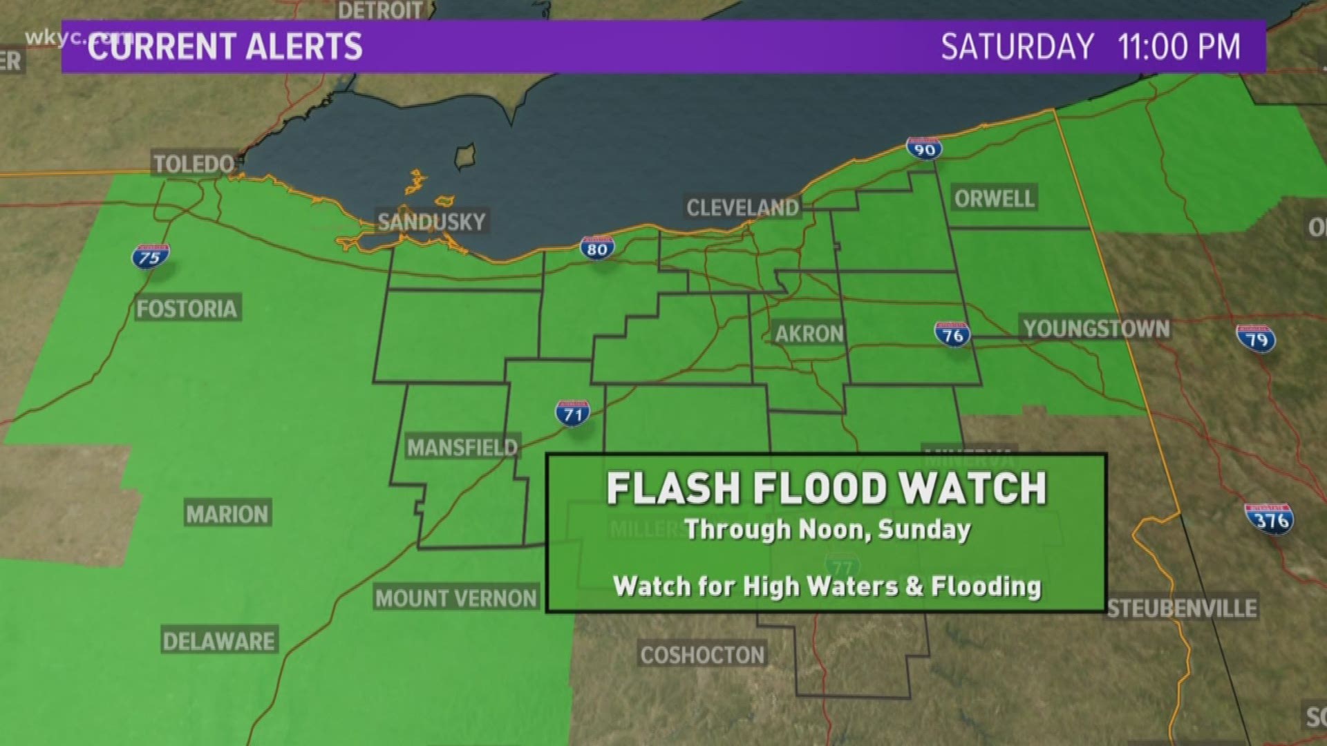 Several communities have been hit with large hail. A Flash Flood Watch is in effect for much of the area until noon on Sunday.