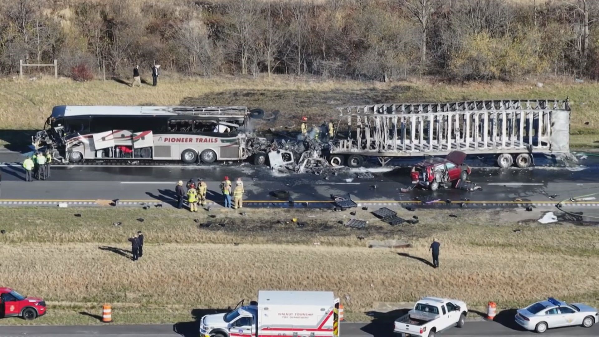 The Ohio State Highway Patrol says a commercial bus carrying several passengers and a semi-truck have collided on an Ohio highway, leaving “multiple people” injured.