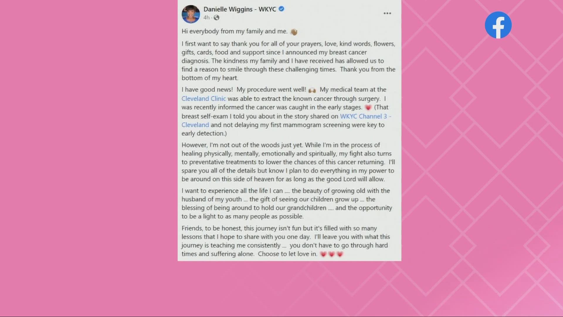 3News' Danielle Wiggins shared a message filled with gratitude after undergoing surgery for breast cancer.