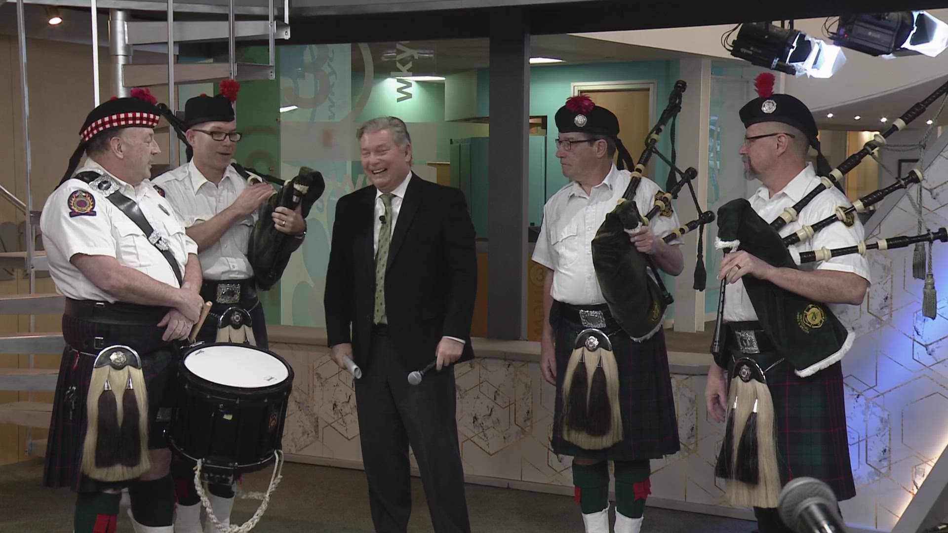 Members of the Burke School of Irish Dance and the Cleveland Firefighters Memorial Pipes and Drums joined Jim Donovan and Laura Caso on Thursday.