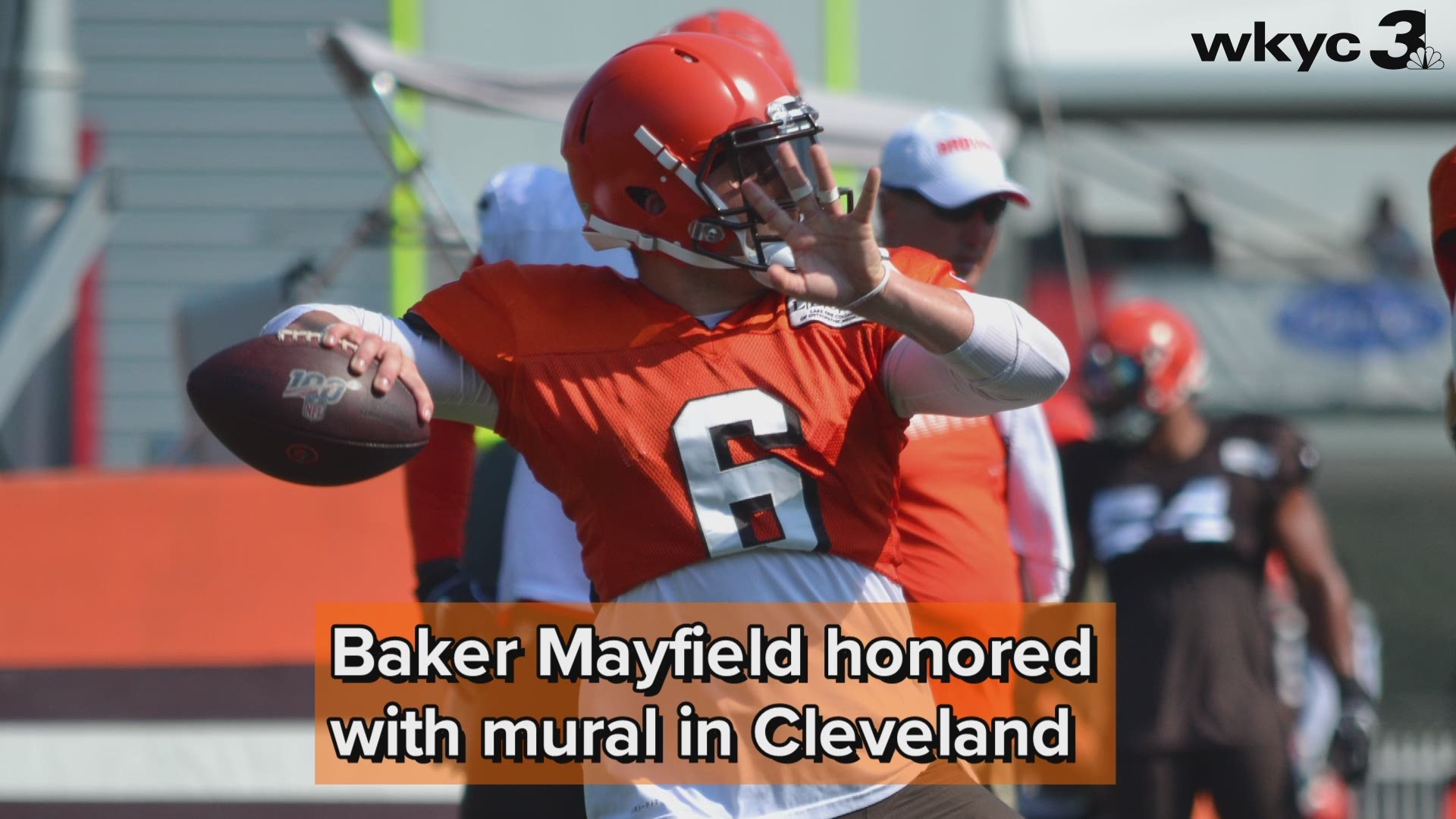 A local artist paid homage the Cleveland Browns quarterback Baker Mayfield on a shipping crate at Voinovich Park.
