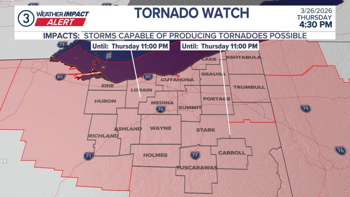Tornado watch still in effect for a few Northeast Ohio counties until 11 p.m.; earlier tornado warnings expire