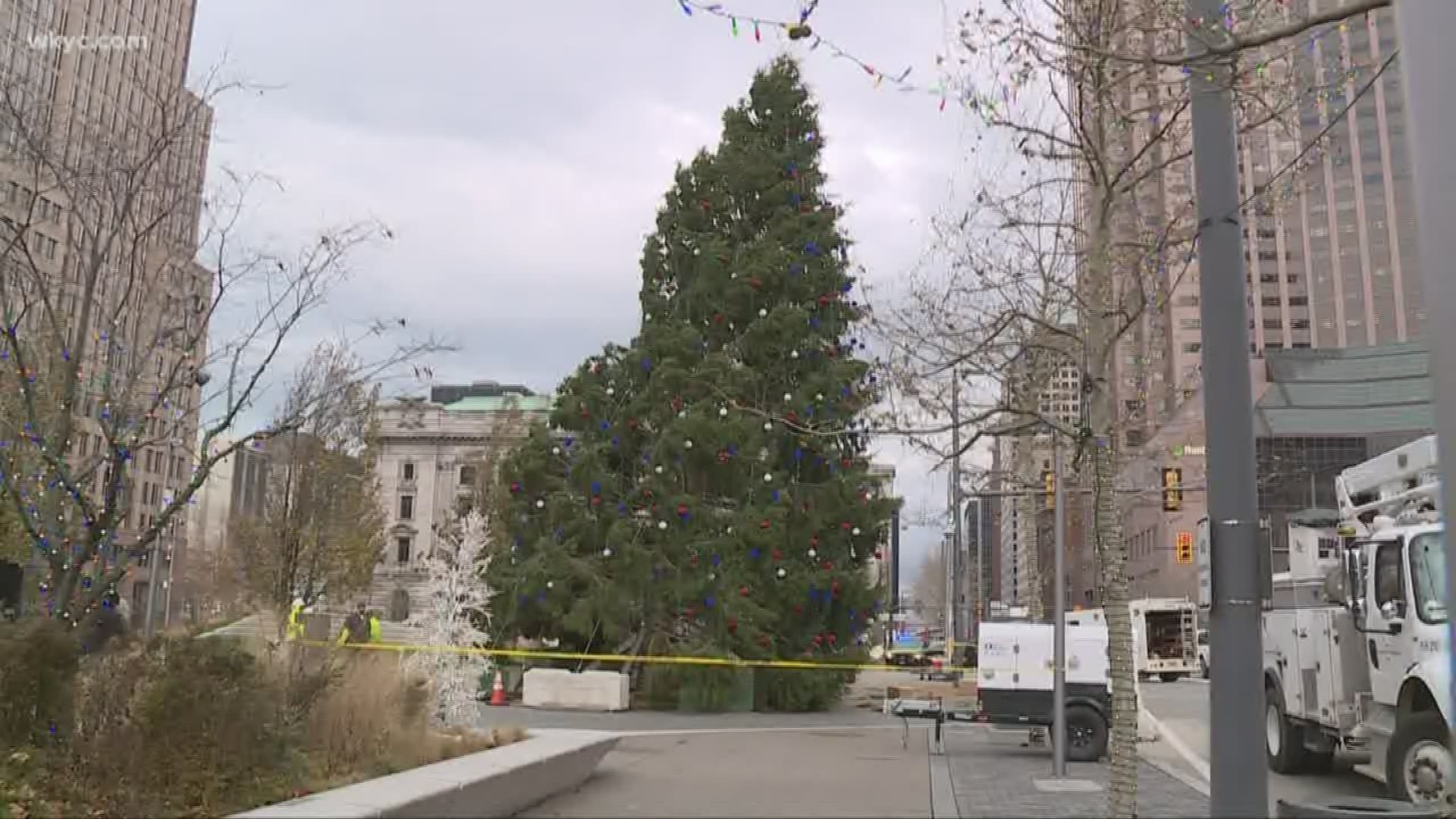 The holiday tree, installed earlier this month, is leaning due to high winds. Public Square has been closed to both pedestrians and drivers.