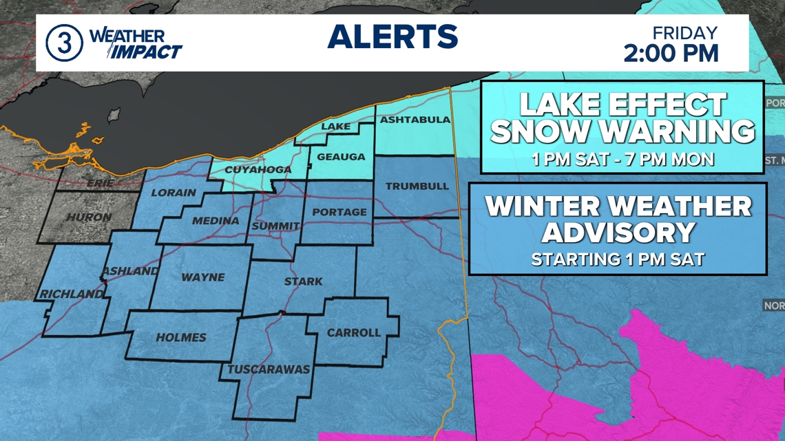 Lake Effect Snow Warning, Winter Weather Advisory issued for some Northeast Ohio counties beginning Saturday