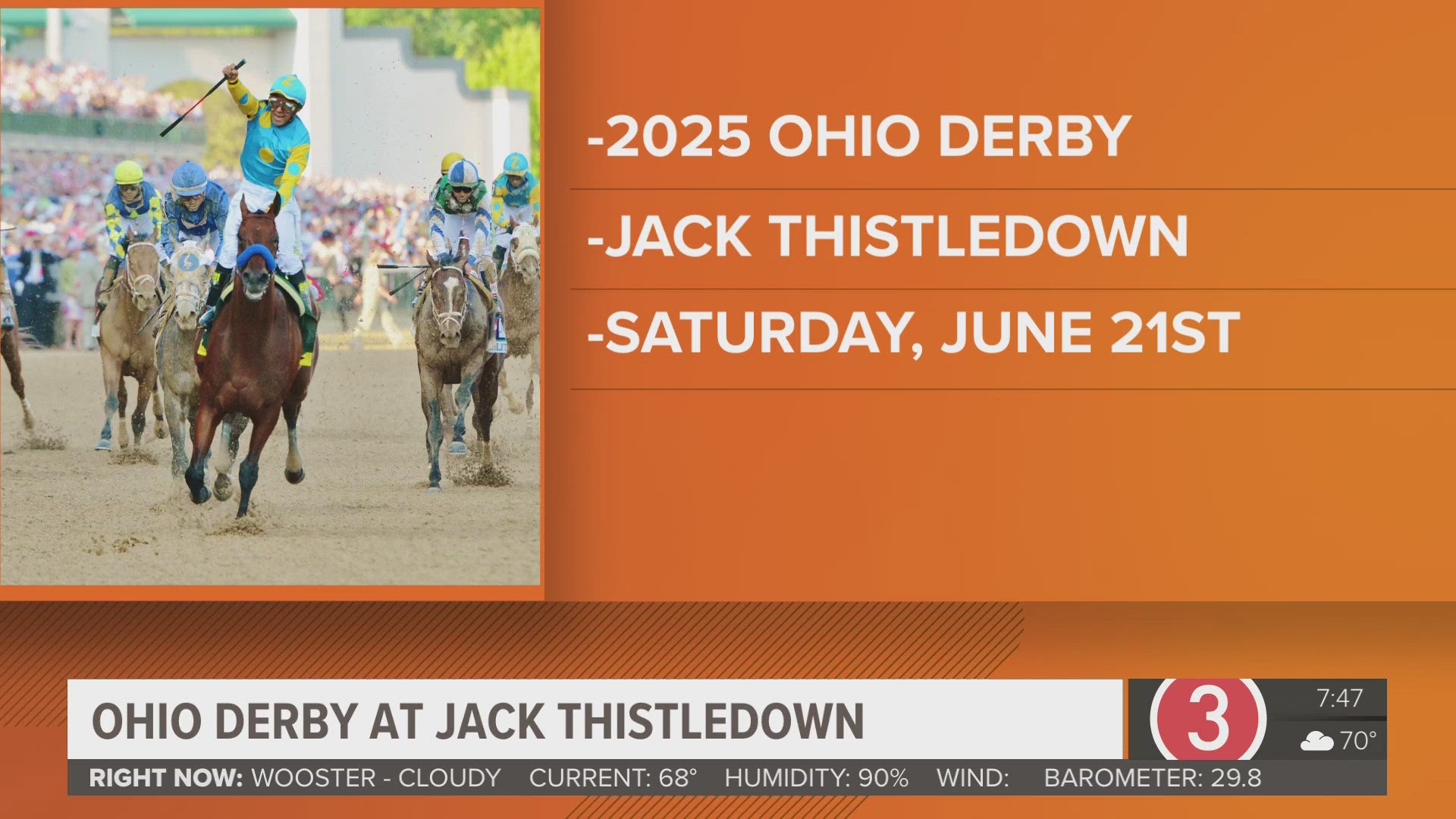 The 2025 Ohio Derby is set for Saturday at Thistledown, with Clever Again listed as the 9-5 morning line favorite in a field of 10 horses.