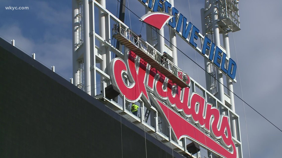 Cleveland Indians begin removing team's script sign from Progressive Field scoreboard