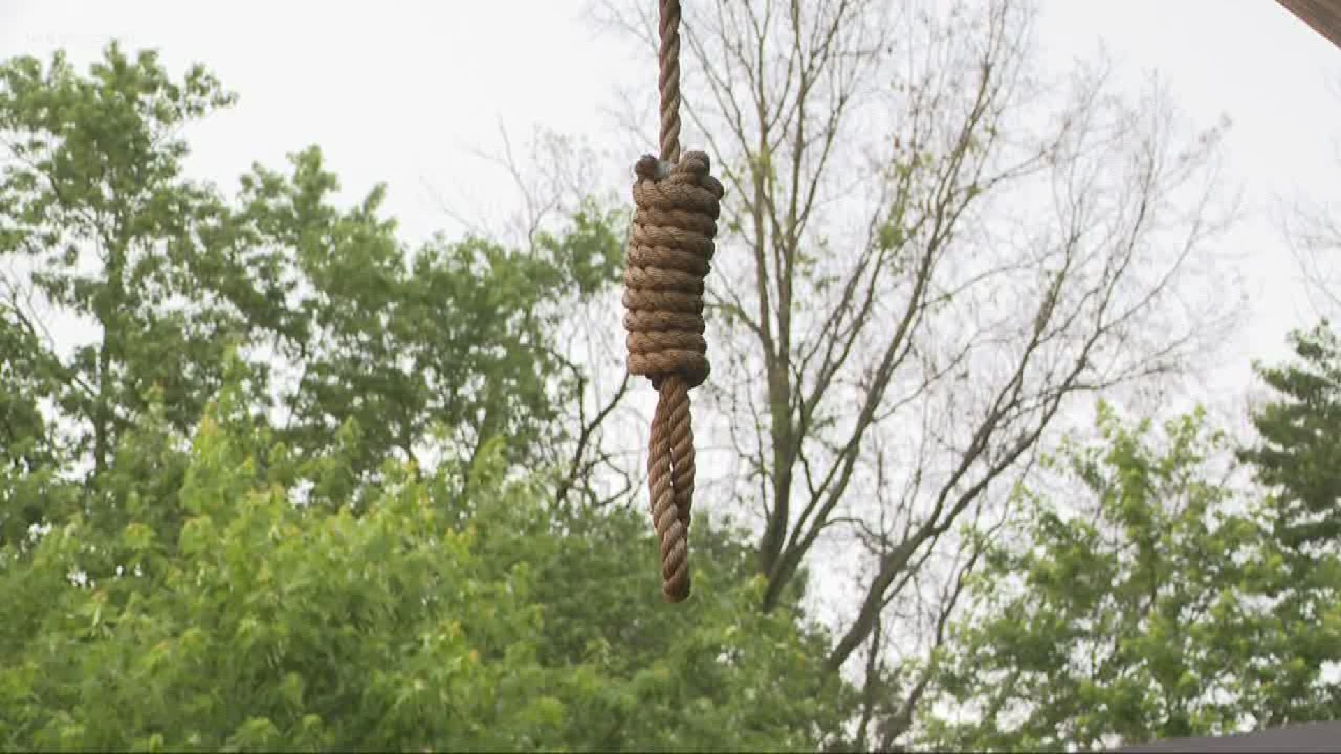 On the corner of Bennett and Walnut Street in Ravenna, there's a sight that has neighbors and passersby taken aback. A homeowner is displaying a noose hanging from a wooden post. It's clearly visible from the road, but on private property.