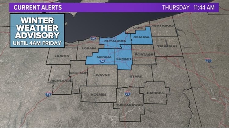 Winter Weather Advisory for Cuyahoga, Summit, Medina, Geauga counties through early Friday