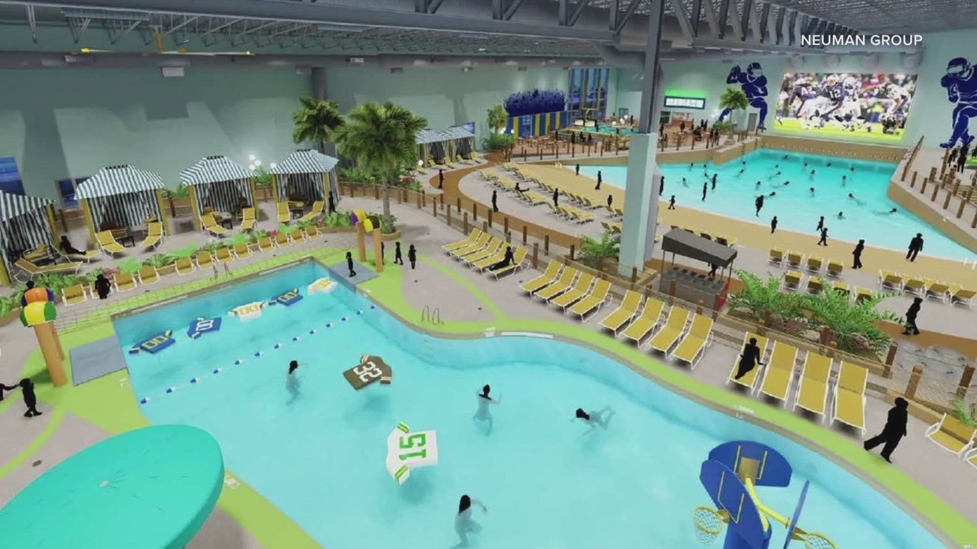The Gameday Bay water park will feature slides, lazy river, wave pool and large jumbotrons throughout the indoor experience.
