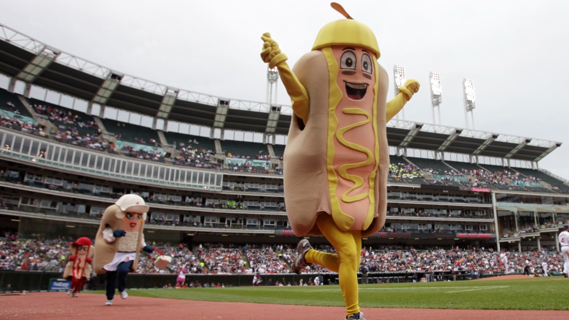 Cleveland Indians hot dog derby mascot Mustard has t-shirts to throw  News Photo - Getty Images