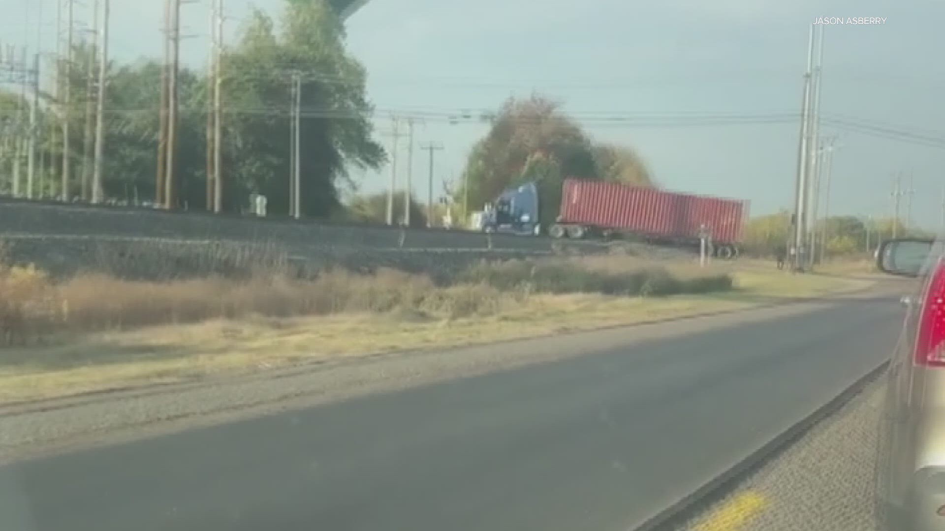 Video of a train striking a semi in Pendleton, Ind. on Oct. 9, 2020.