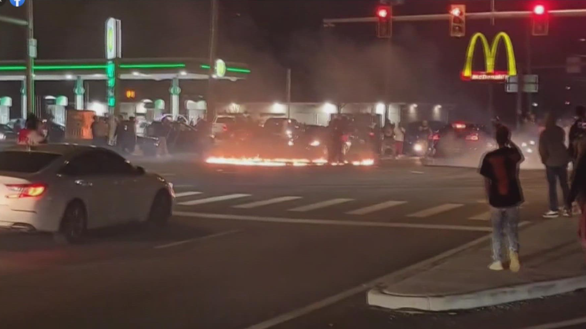 Unknown people were seen doing donuts at the intersection of Hill and Reynolds around 8:30 p.m. Saturday, stopping traffic and causing a circle of fire in the road.