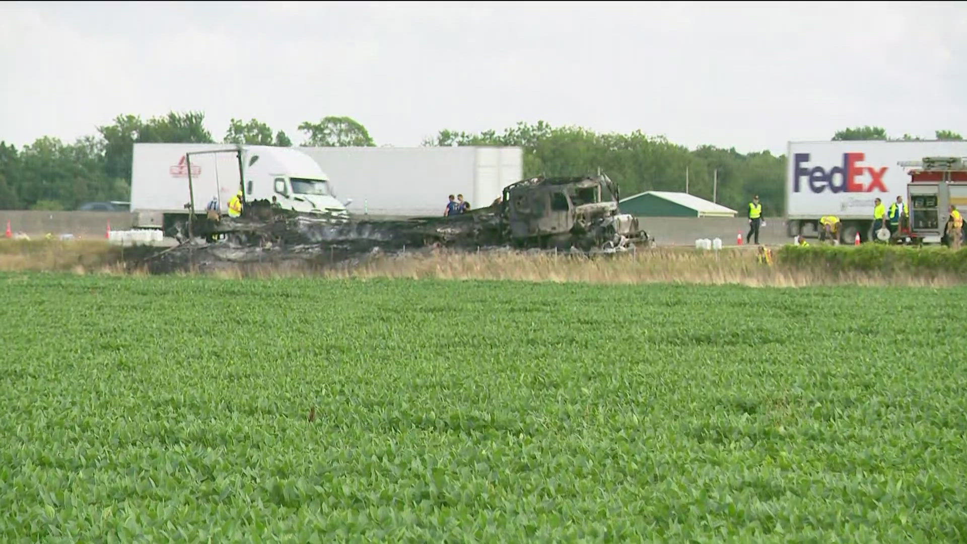 All eastbound lanes and one westbound lane have reopened after the semi, which was carrying oxygen peroxide, caught fire and forced an area evacuation, OSHP says.