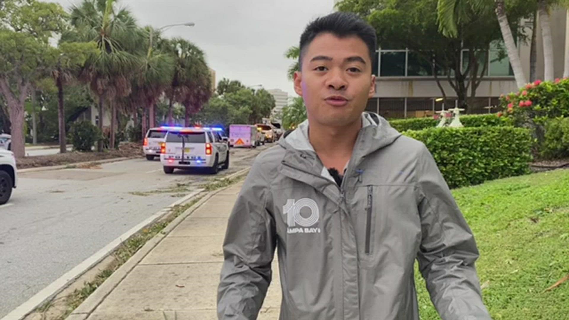 10 Tampa Bay reporter Miguel Octavia checks out roadway damage in downtown Sarasota.