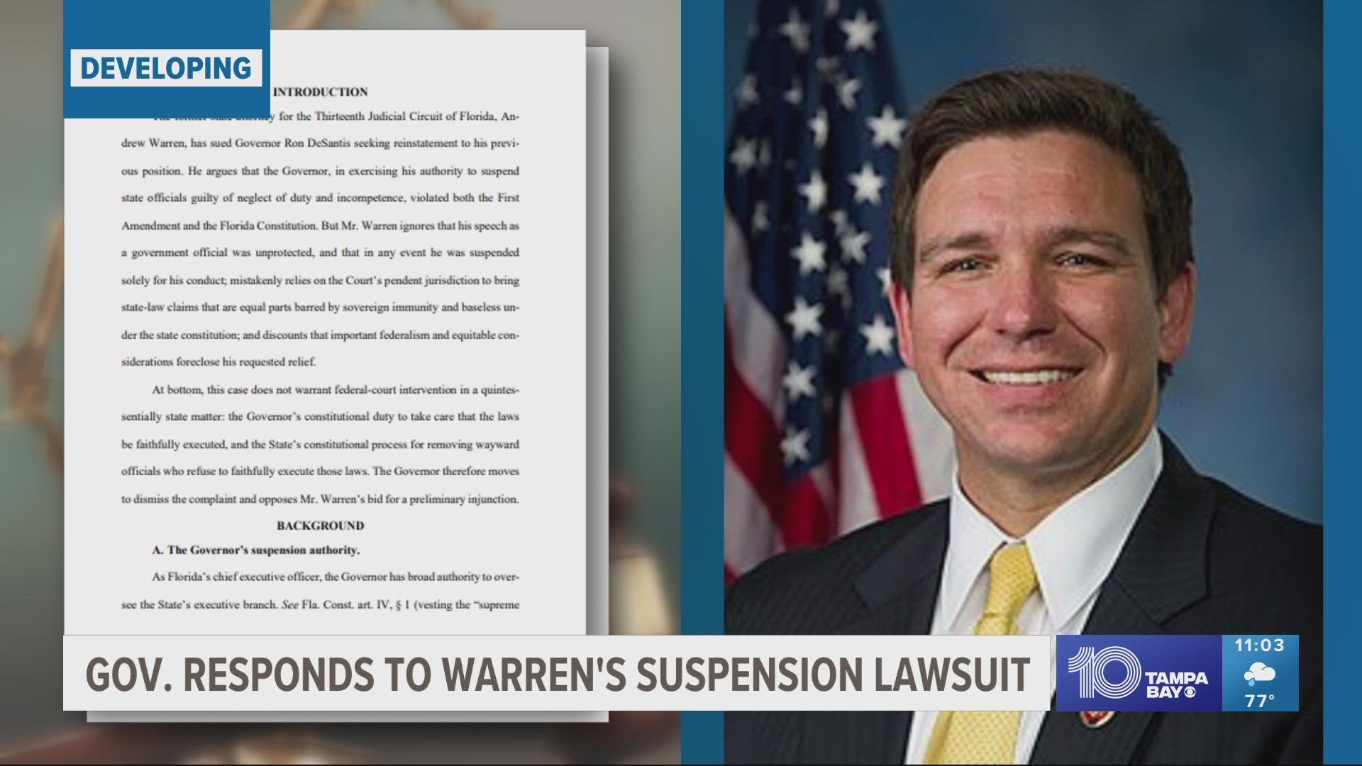 In a response, DeSantis argues he has the right to take Andrew Warren out of the job based on the "broad authorities to oversee the State's executive branch."