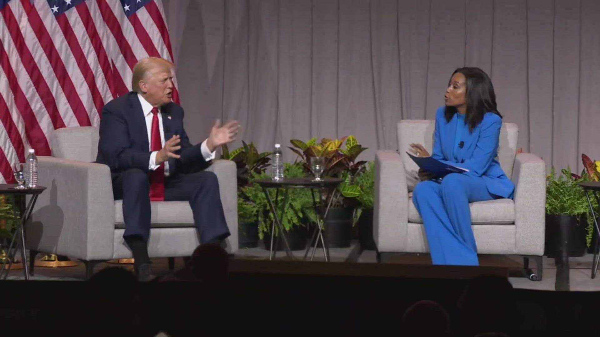 TRUMP WAS TAKING QUESTIONS FROM THE NATIONAL ASSOCIATION OF BLACK JOURNALISTS IN CHICAGO.