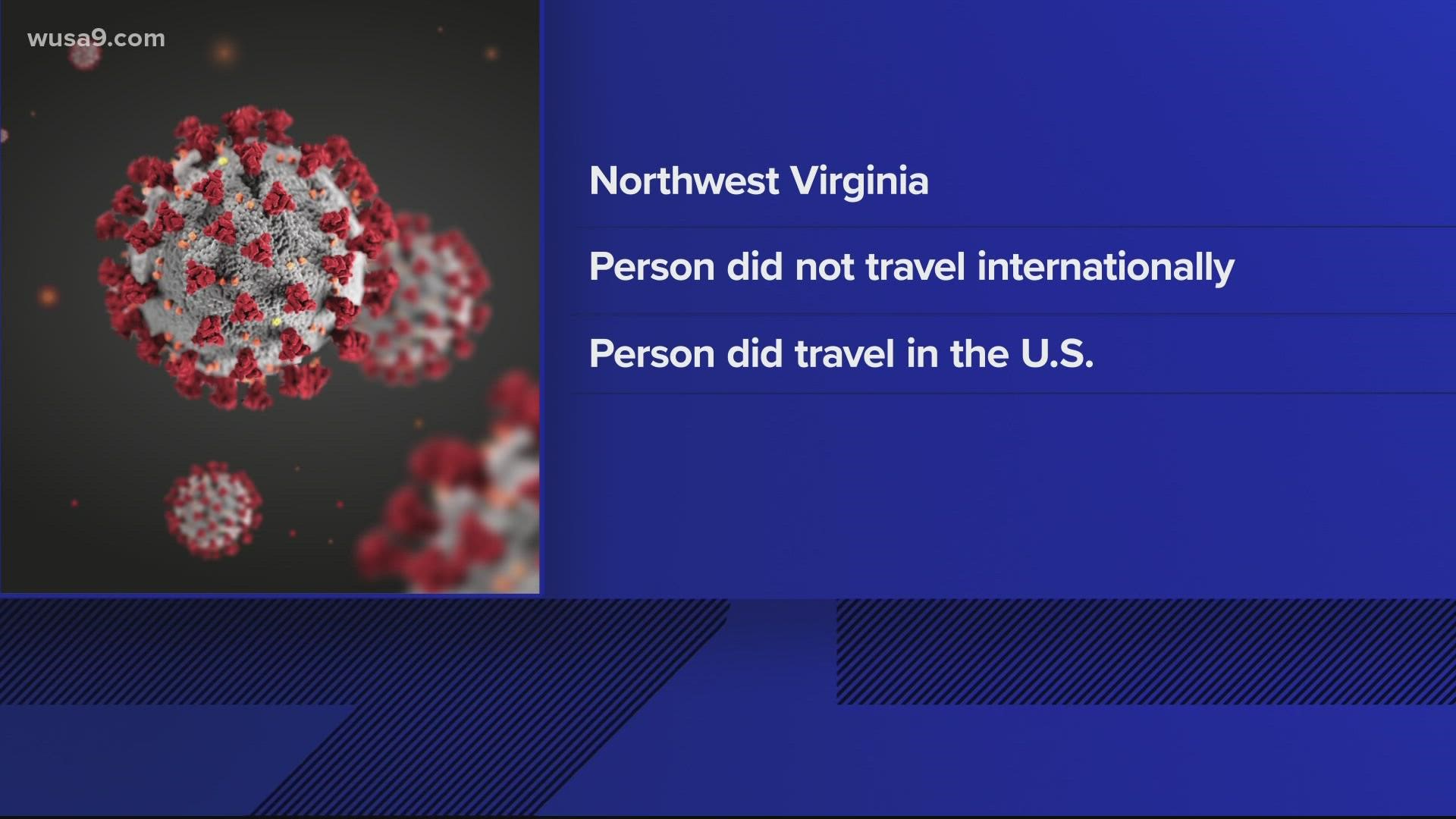 The case was found in Northwest, Va. and the person did not travel internationally.