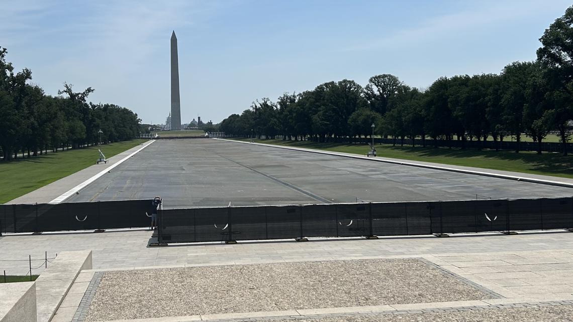 Black covers installed on fencing along Lincoln Reflecting Pool