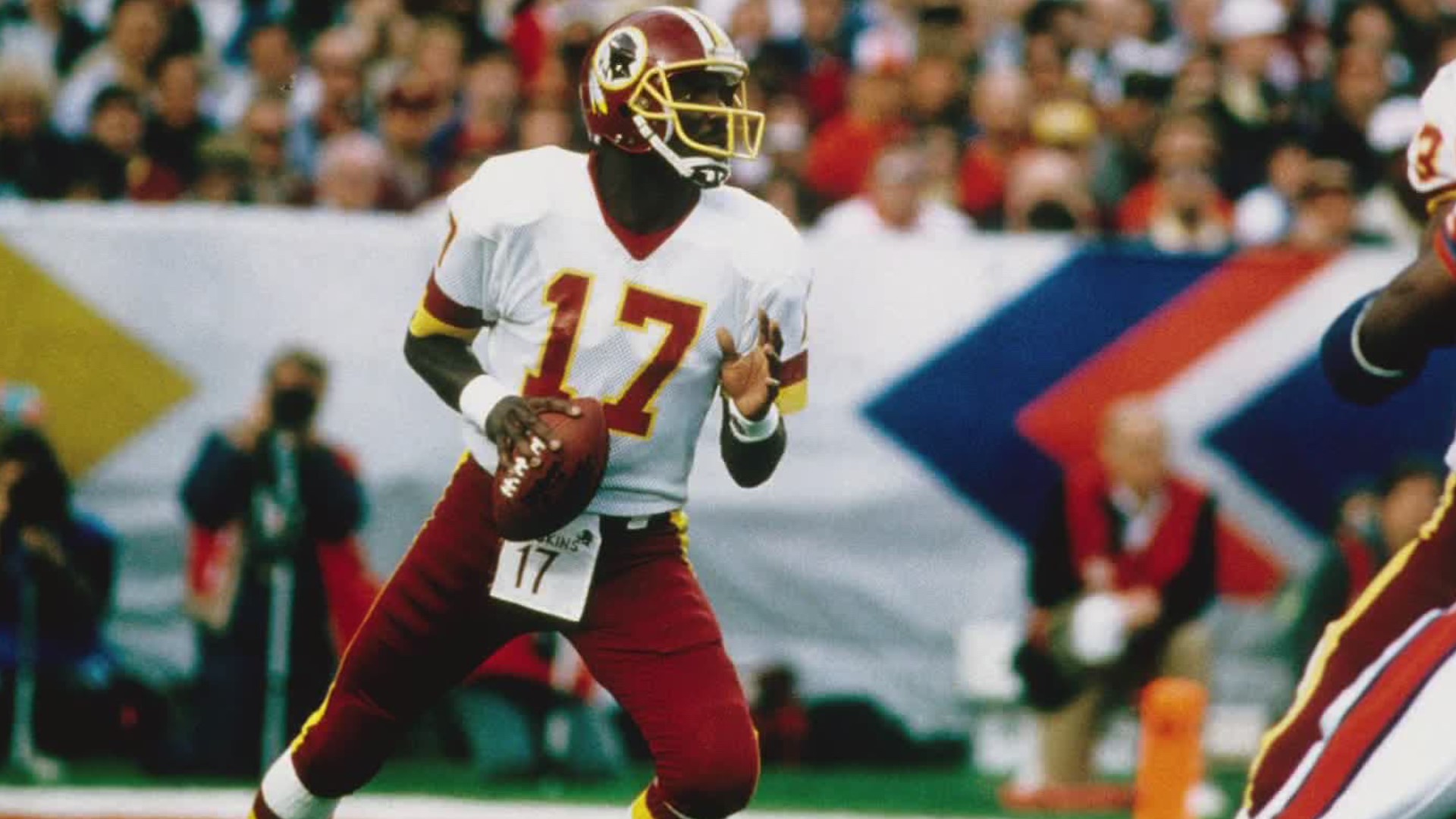 Williams was the first African-American quarterback to win a Super Bowl. He scored four of Washington's five touchdowns in their 1988 42-10 win over the Broncos.