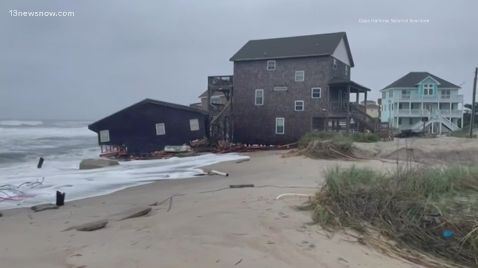 Several schools had remote learning on Tuesday, and two homes collapsed on the Cape Hatteras seashore.