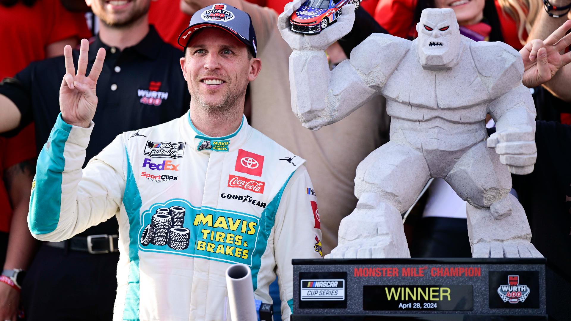 Denny Hamlin holds off Kyle Larson late to win NASCAR Cup race at Dover ...