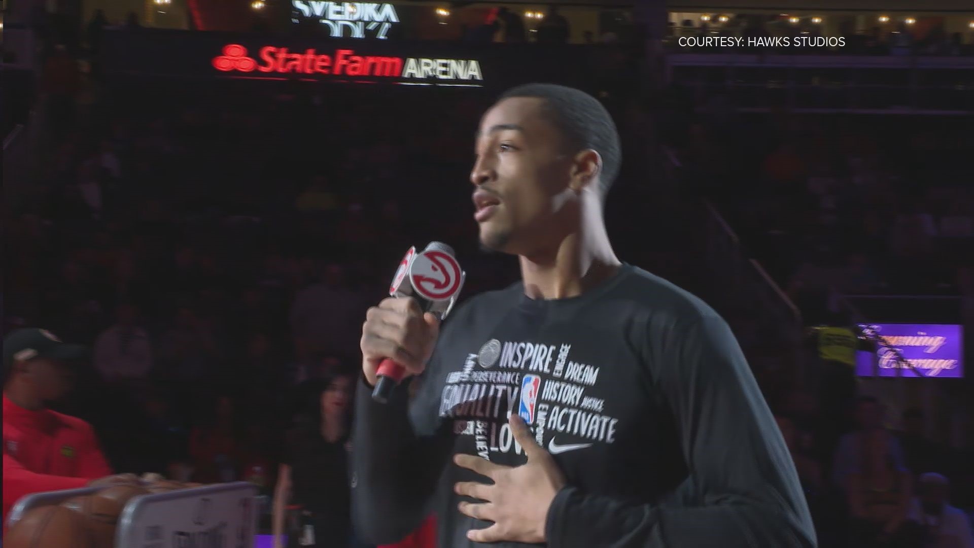 Hawks forward John Collins, whose mother and uncle served in the Air Force, welcomed the military in attendance at the Feb. 26, 2020 game.