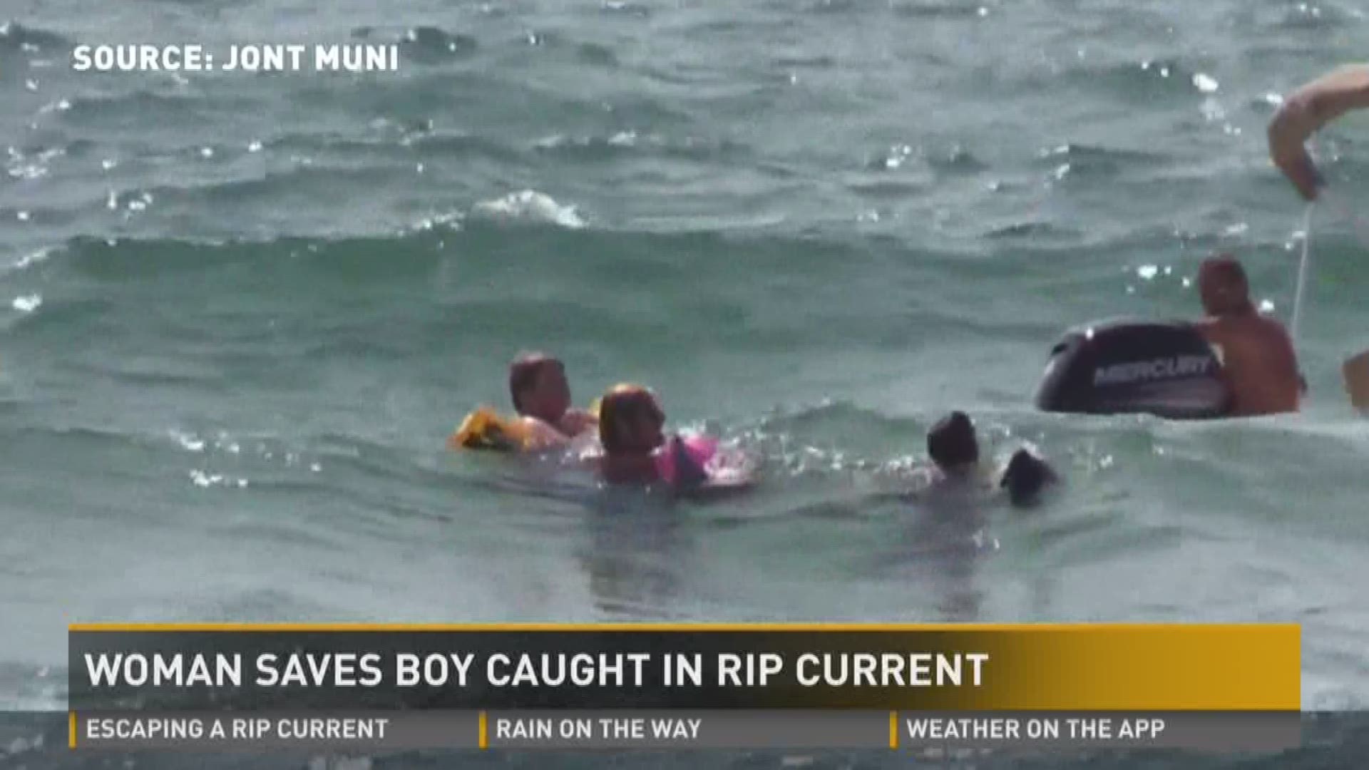 A woman jumped into rough waters to save a boy caught in a rip current during the weekend.